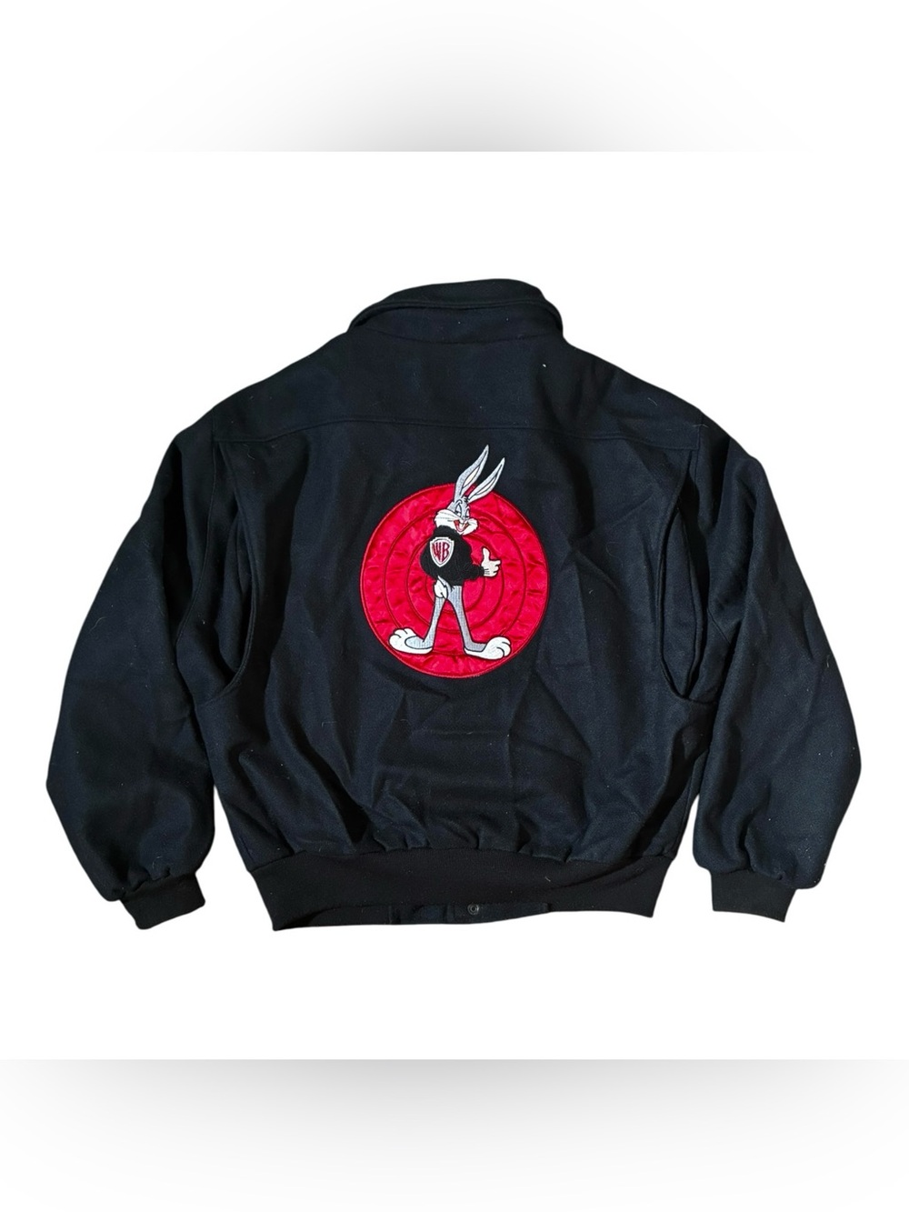 VTG Looney Tunes Bugs Bunny Warner Bros Wool Bomber Jacket Black